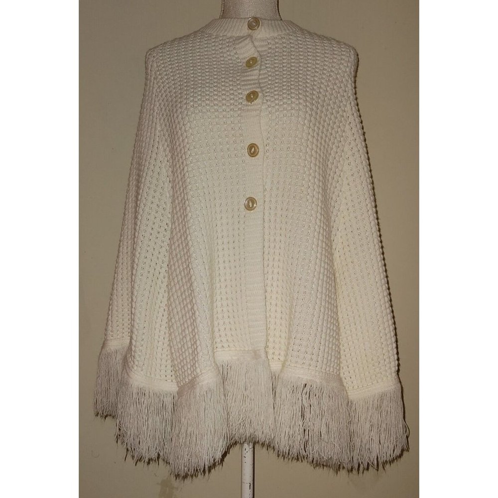 Vintage Knit Crotchet Shawl Poncho Womens S/M Acrylic Sweater White Fringe Cape
